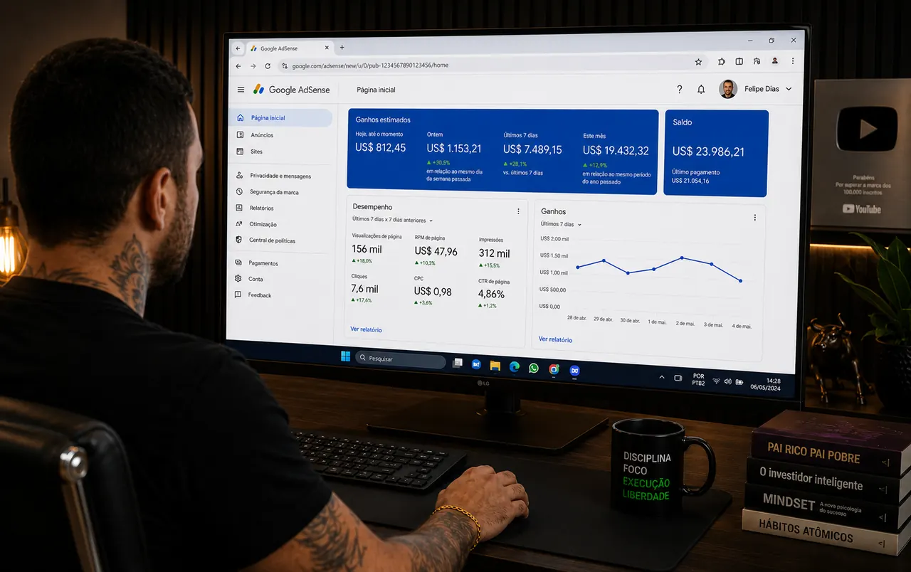 Felipe Dias mostrando painel AdSense